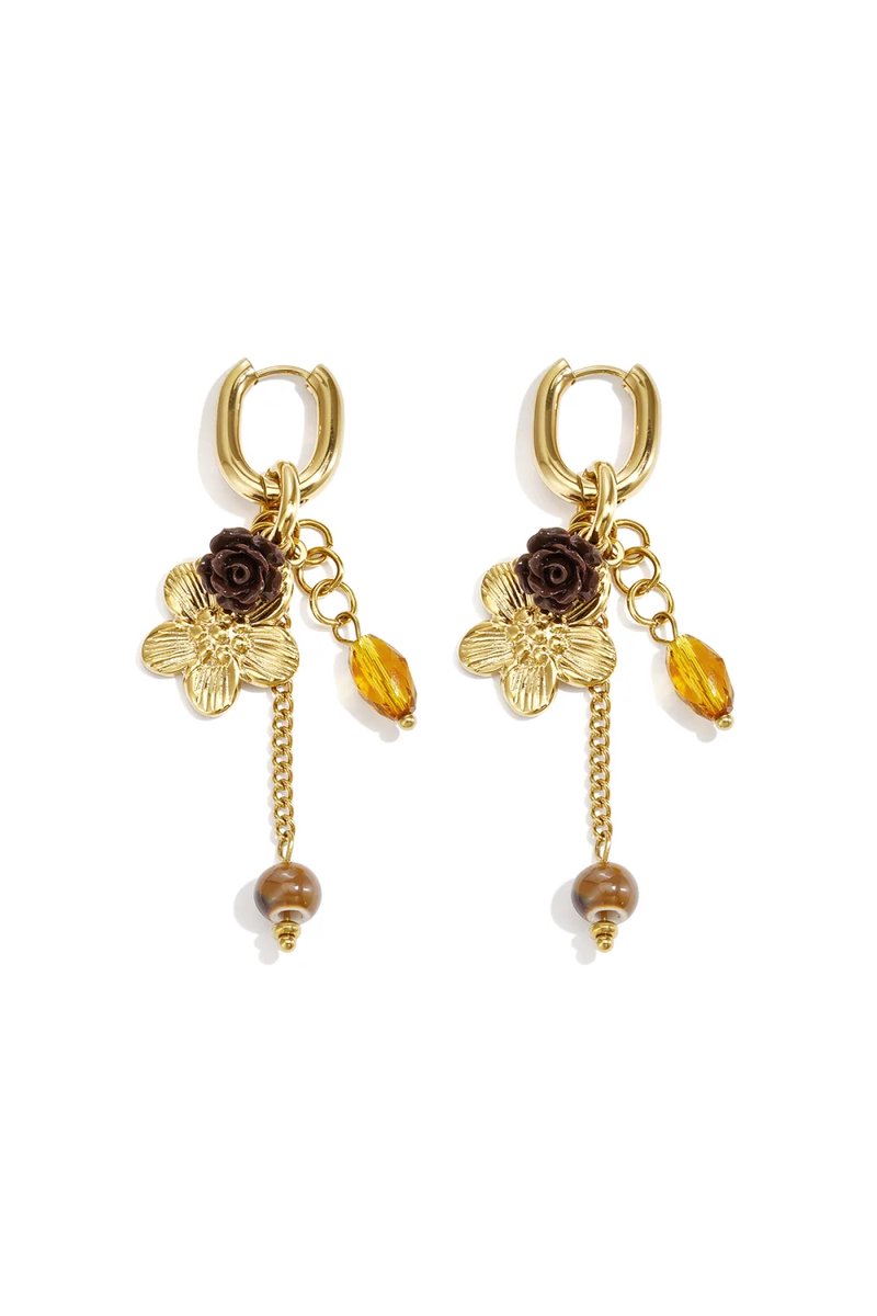 Gouden Bloem Oorbellen met Bruine Bedels – Statement Oorbellen voor Dames - Cadeau voor haar