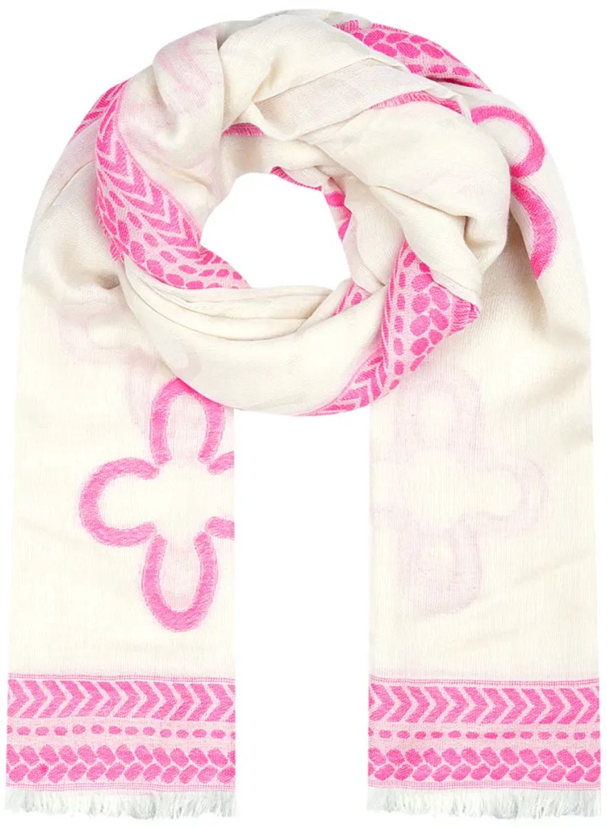 Offwhite Sjaal Fuchsia Bloemenprint - Trendy Tweekleurige Geometrische Printsjaals - Zachte Viscose Sjaals - 200cm x 100cm - Offwhite & Fuchsia