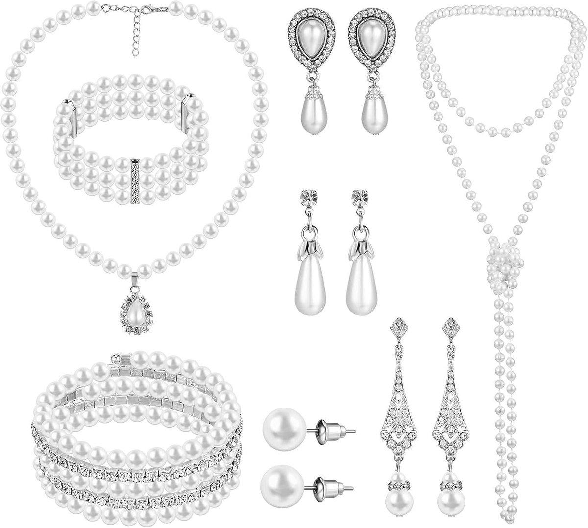 Elegante parelkostuums voor dames met kunstparels, strass-oorbellen en meerlaagse armbanden, complete accessoireset voor vrouwen en meisjes