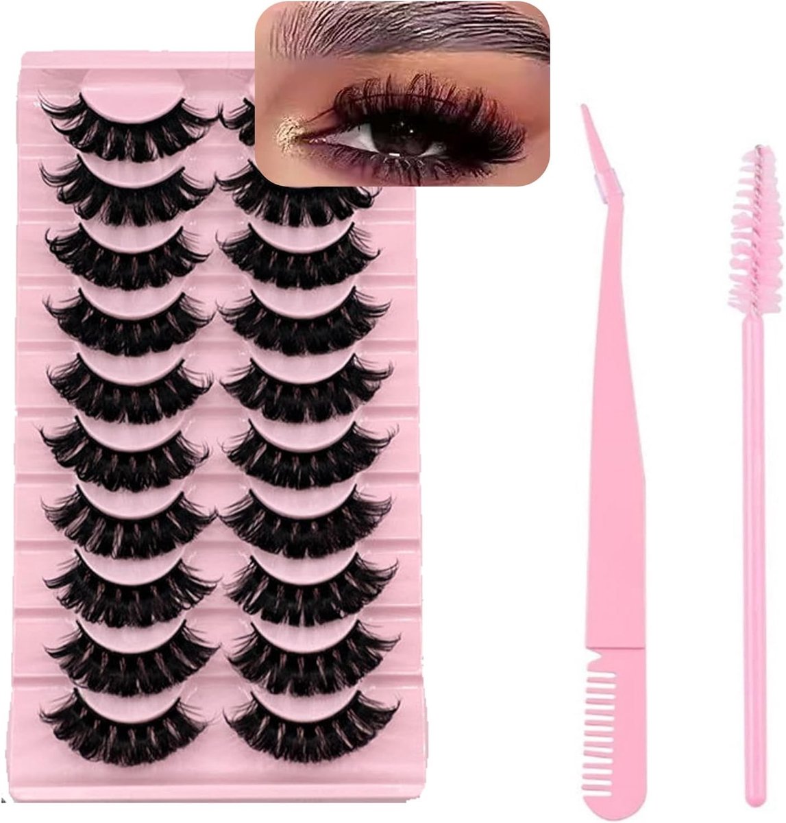 20mm D Curl Fluffy Wimpers - 8D Volume Faux Mink Multipack met 10 Paar, Inclusief Wimperpincet en Roze Mascara Wands voor een Dramatische Look