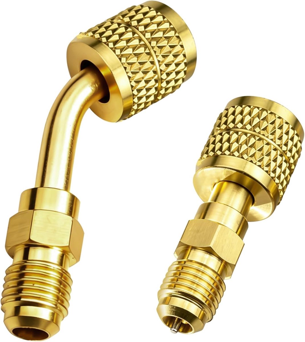 2 stuks R32 koelvloeistofadapter met 45° linkse schroefdraad en messing vrouwelijke schroefdraad + 1/4" rechte koppeling, geschikt voor R-32 tanks en split systemen, ideaal voor HVAC toepassingen.