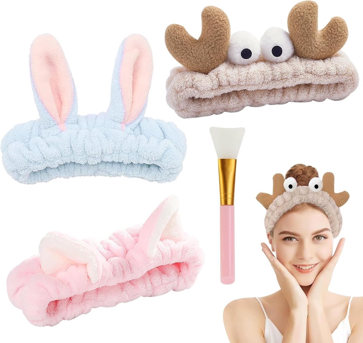 Set van 3 Kattenoren Haarbanden voor Maskers, Douche en Gezichtsreiniging met Borstel