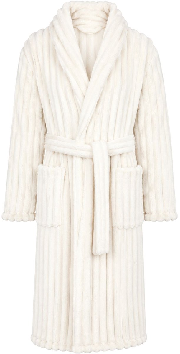 Relax Company Badjas Dames Geribbelde Teddy Stof - Fluweelzacht Fleece - Sjaalkraag - Roomwit roomwit rib