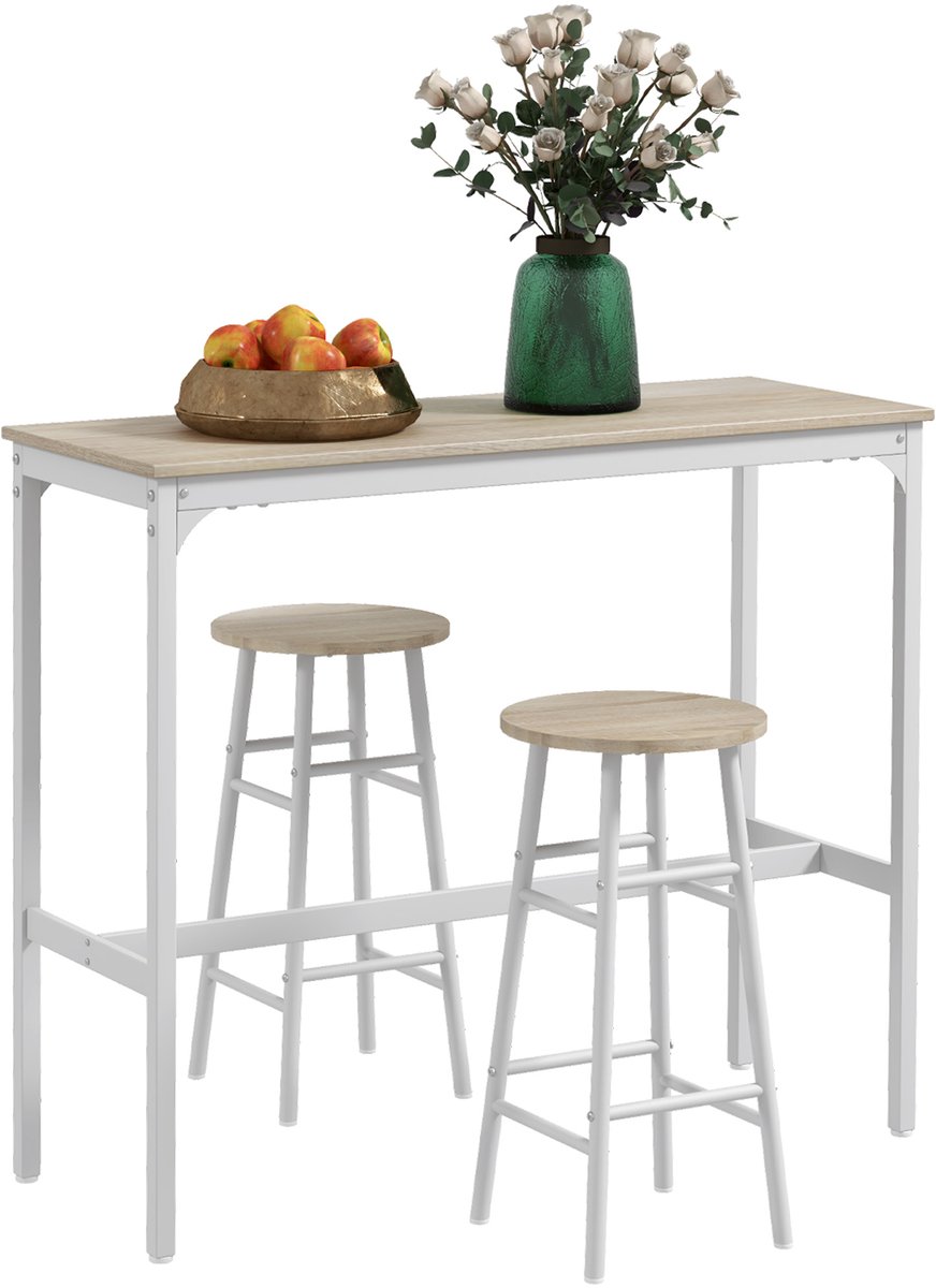 Hoge bartafel met 2 barkrukken - stalen frame - blad met houtlook - geschikt voor 2 personen - wit