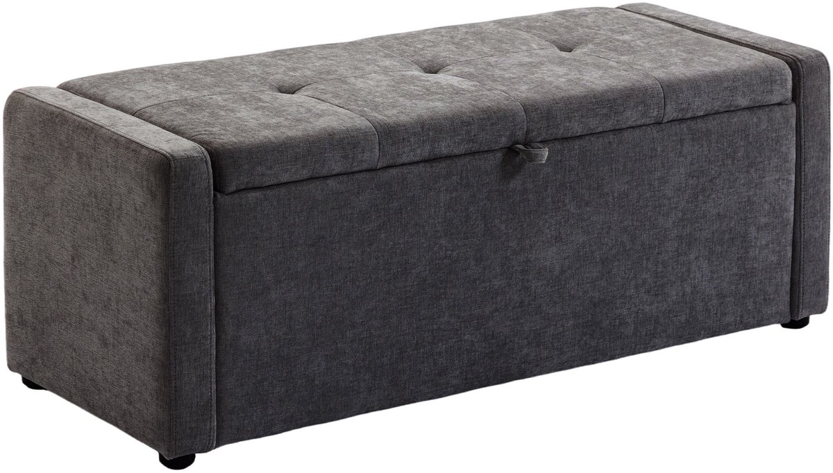 Opbergbank - voetenbankje voor aan het voeteneinde van het bed - met linnen beklede voetensteun met brede zitting - 122 x 48 x 44 cm - donkergrijs