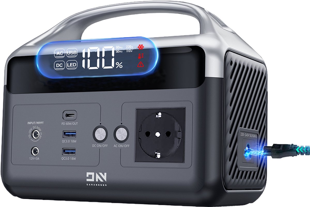 DaranEner NEOZ2 draagbaar powerstation, 192Wh LiFePO4-batterij, 300W wisselstroomuitgang, 600W piekvermogen, 60W zonne-energie-ingang, 60W USB-C PD, 2x USB-A, DC5521-uitgang, BMS-beveiliging, voor kamperen en buitengebruik