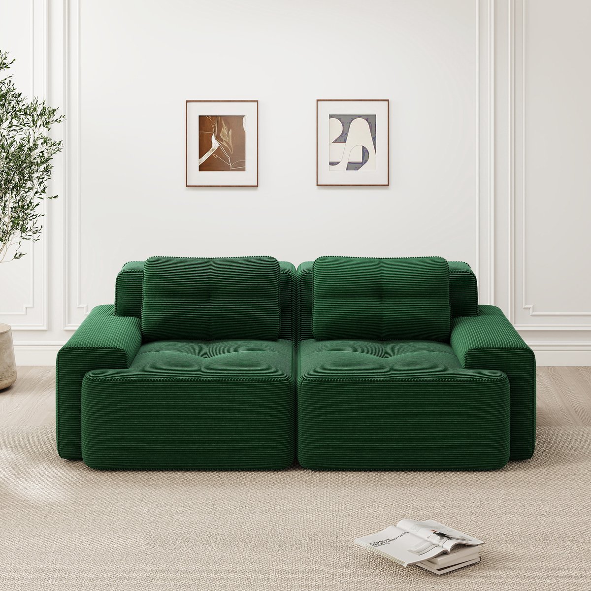 Moderne woonkamerbank - diepe zit - corduroy wolkenbank - tweezitsbank - slaapbank - groen