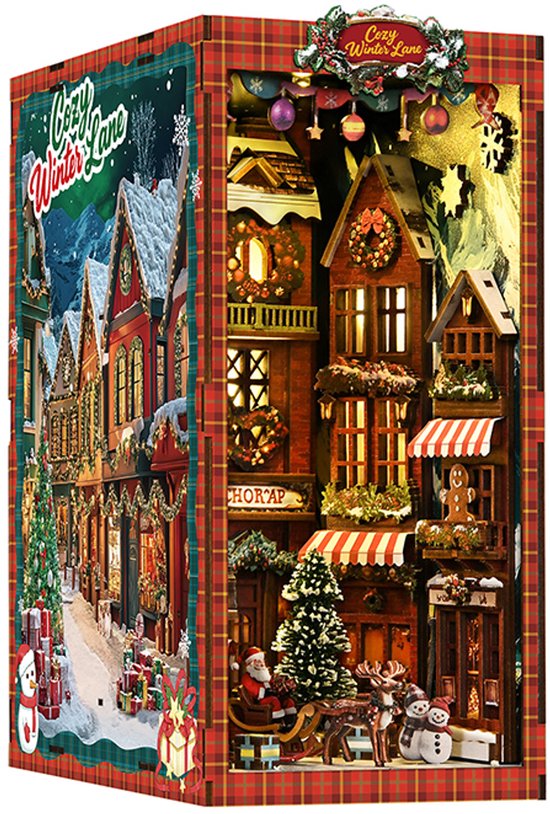 Lumann® Book Nook Christmas Street Corner 296 stuks - Bouwpakketten volwassenen - Houten 3D Puzzel - DIY Bouwpakket Volwassenen en Volwassenen - Boekensteun - Boekenhouder - Miniatuur