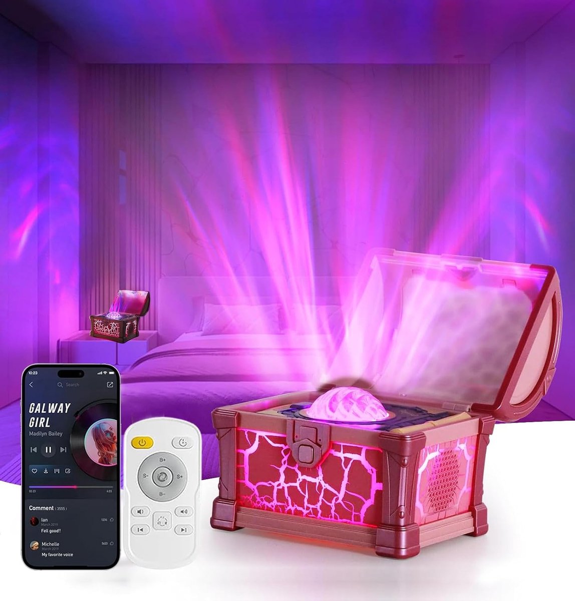 Sterrenhemelprojectorbox met witte ruis en luidsprekers, nachtlampje, Galaxy Aurora afstandsbediening, sfeerverlichting met timer, kerstcadeau voor de kinderspeelkamer, roze