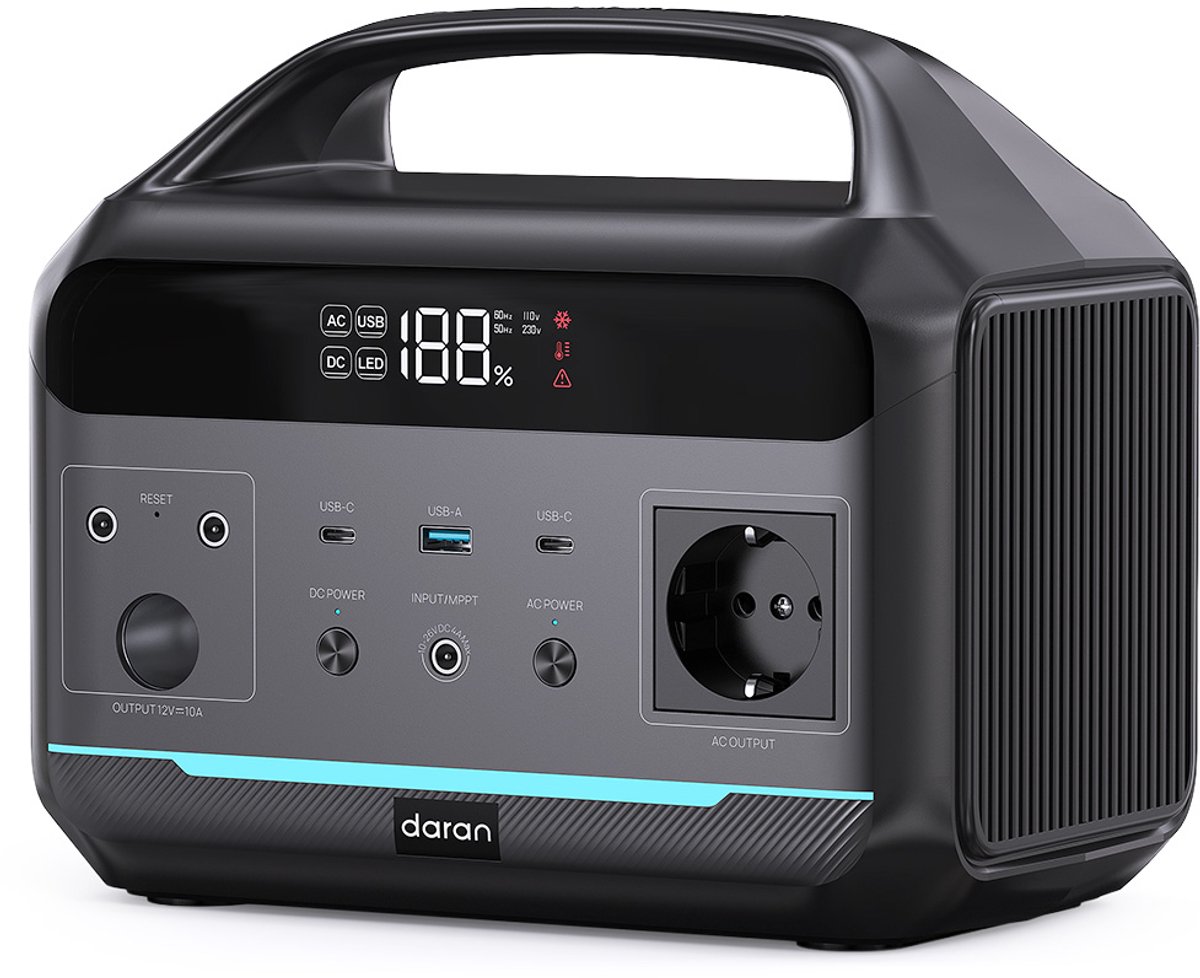 DaranEner NEOS draagbare powerstation, 288Wh LiFePO4-batterij, 600W zuivere sinusgolf wisselstroomuitgang, 1200W piekvermogen, 80W zonne-energie-ingang, 100W USB-C PD, dubbele DC5521, 120W autostopcontact, MPPT, BMS, UPS, meer dan 3500 laadcycli.
