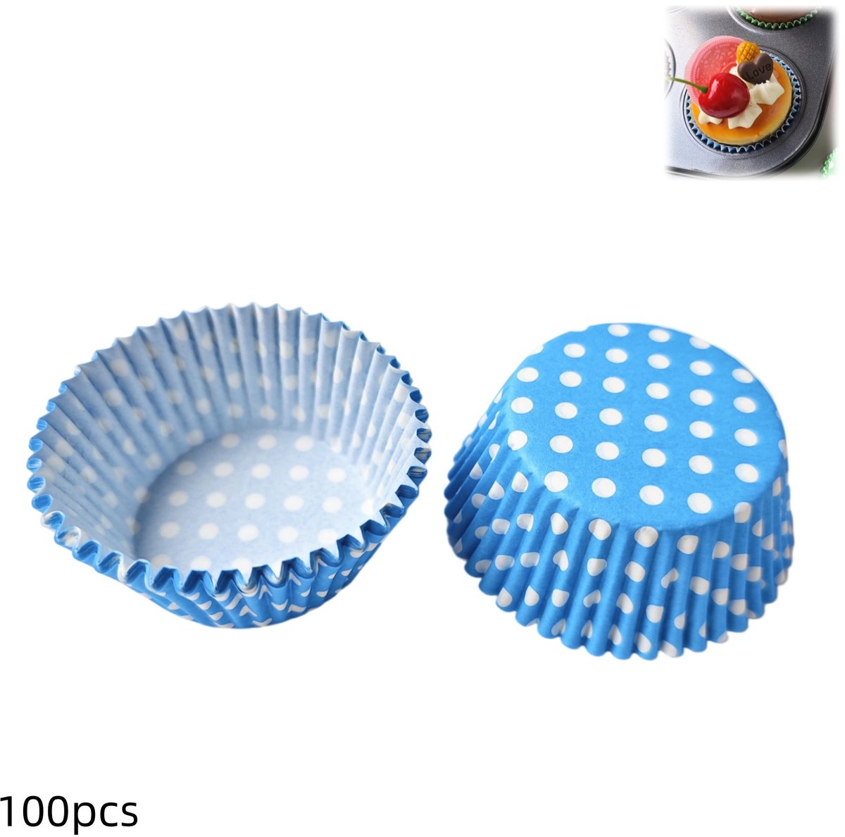 100 stuks - cupcake vormpjes - Bakvormpjes van papier - gebakpapier - vetwerend - hittebestendig 160‑210°c - 7 x 3 cm - bakken van cake,muffin,gebak - blauw met witte stippen