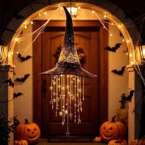 Oplichtende heksenhoed-hanger - Hangende Halloween decoratie - Windgong - Halloween Decoratie Licht - tovenaarshoed - Kwastjes met sterrenmotief - Thema Feest - Halloween versiering/decoratie - Cadeau - Horror party - voor veranda's of terrassen