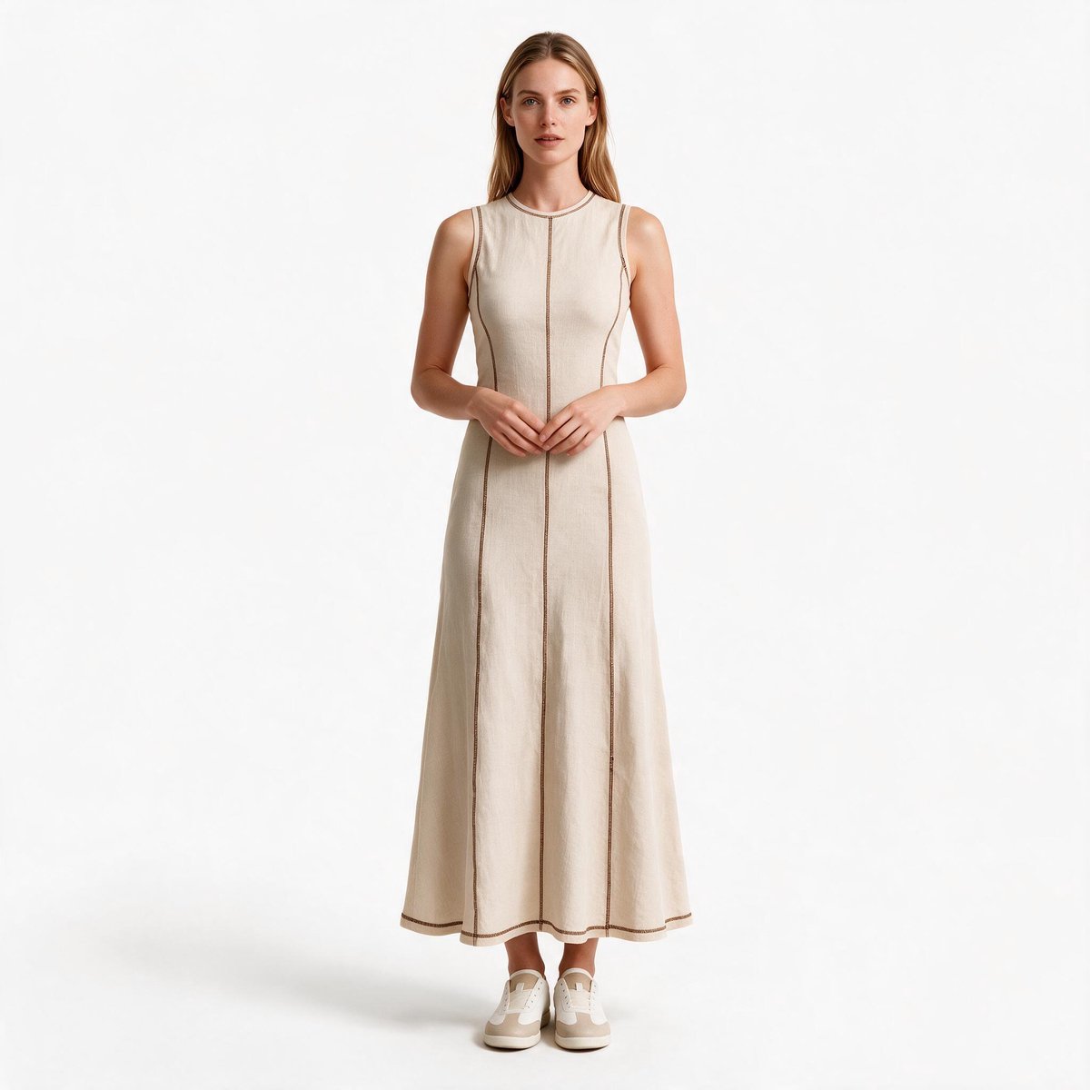 Imily Bela Dames Mouwloze Maxi Jurk met Contrasterende Naden