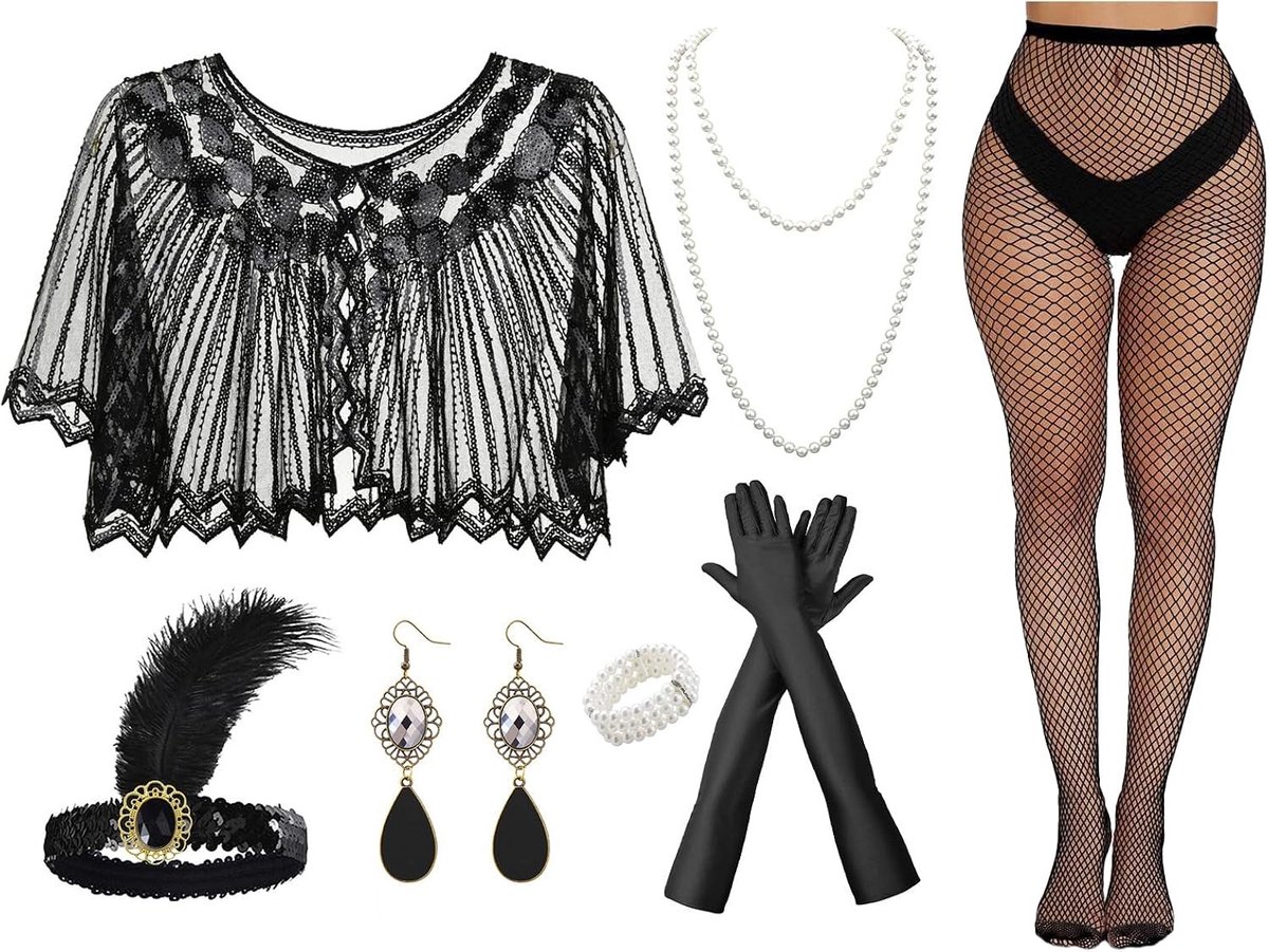 Accessoireset voor Roaring 20's thema, 7 stuks vintage kostuumaccessoires, haarbanden, armbanden, handschoenen en meer