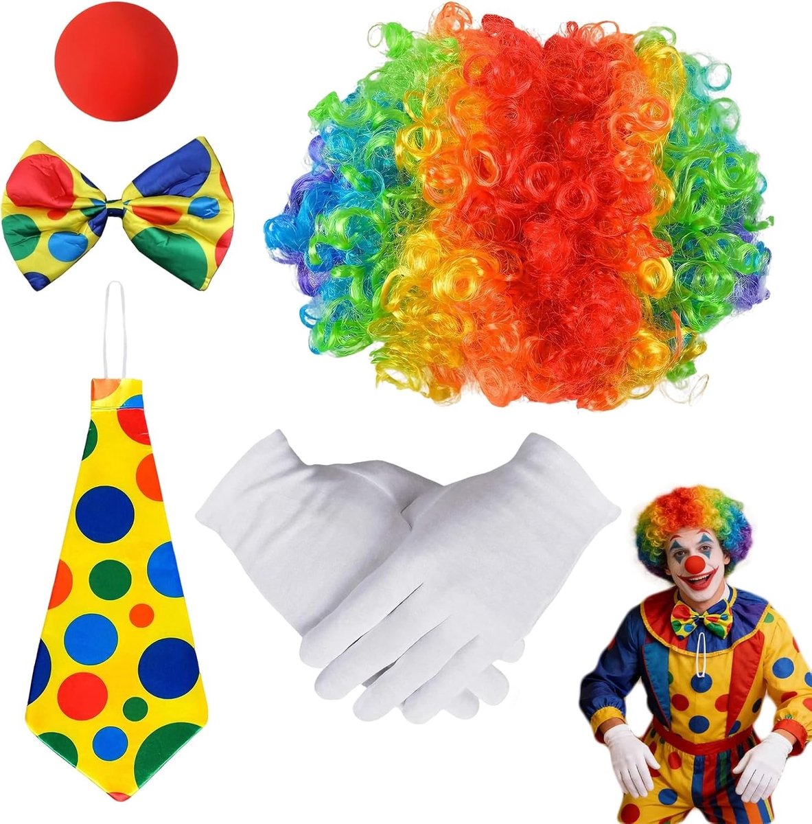 Clown Kostuum voor Volwassenen met Kleurrijke Accessoires, Clownhaar en Rode Neus voor Halloween en Feestjes, Maat: Universeel