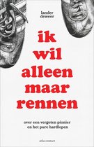 Boekomslag met de titel 'ik wil alleen maar rennen' in rode letters en een tekening van retro sneakers.