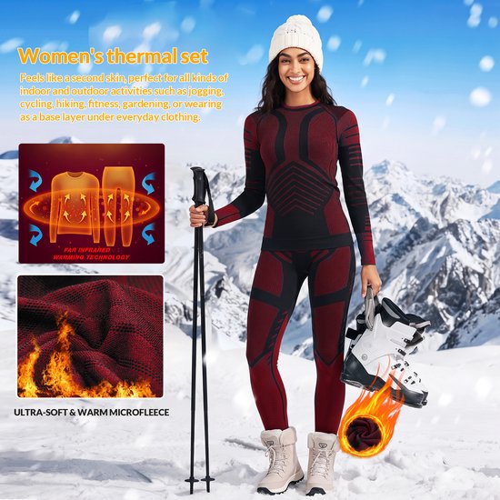 Vrouw in rood en zwart thermisch ondergoed, staand in de sneeuw met skiuitrusting, met illustraties van warmtetechnologie.