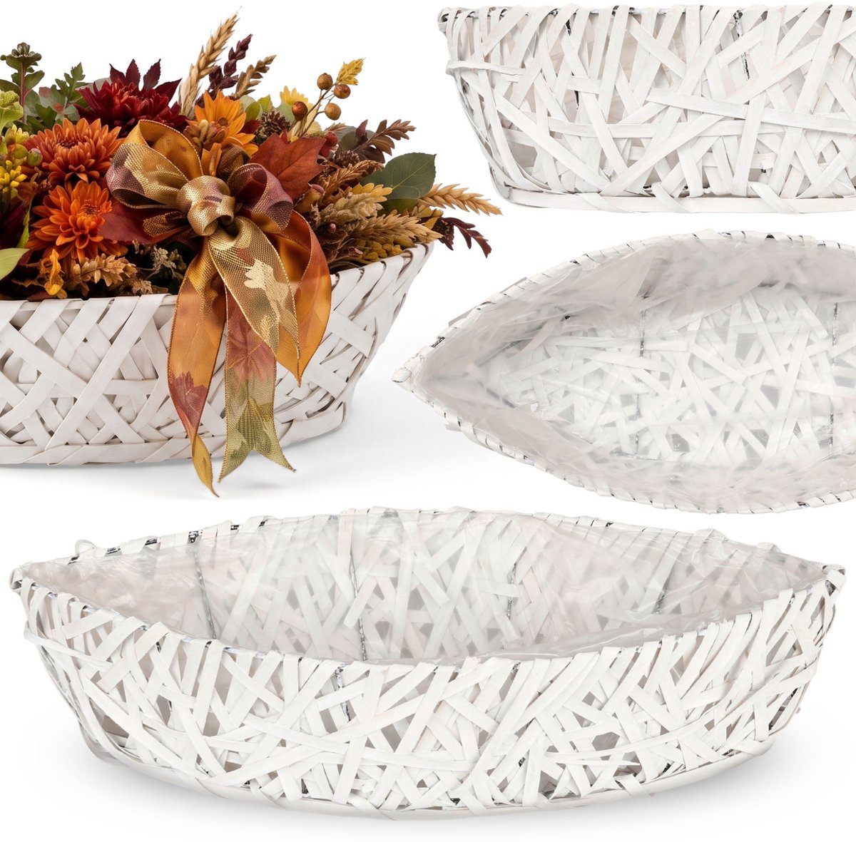 Witte, HOUTEN plantenbak, GEVLOCHTEN bootvormige pot voor planten GROOT 57x24x13 cm