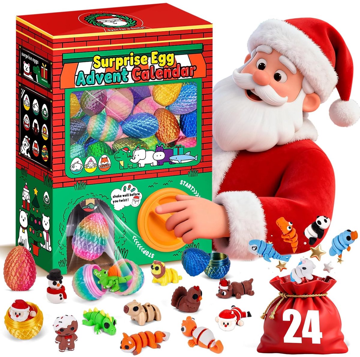 Kerstadventskalender - 3D-geprint speelgoed - 24-daagse Gashapon-machine - Bevat 3D-miniatuurdiertjes - Kerstcadeau voor in de kerstsok - Geschikt voor jongens en meisjes van 3-12 jaar.