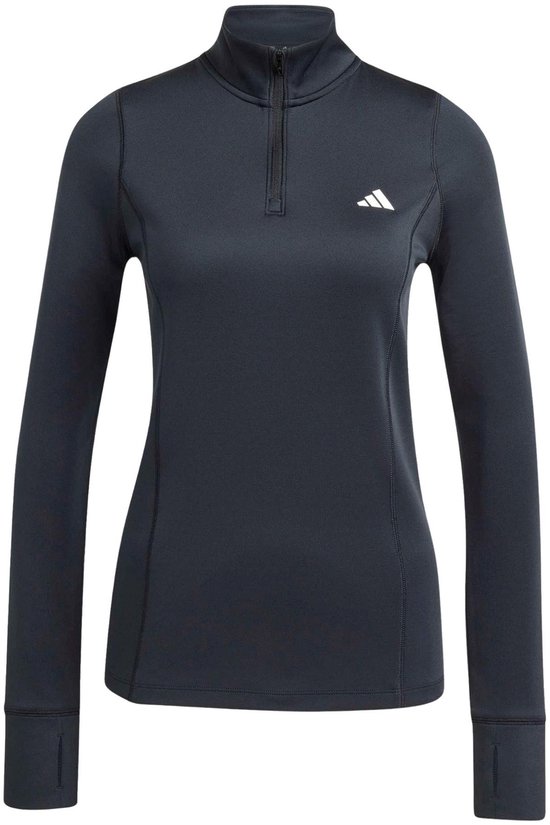 Zwart Adidas sportshirt voor dames met halve rits, lange mouwen en duimgaten.