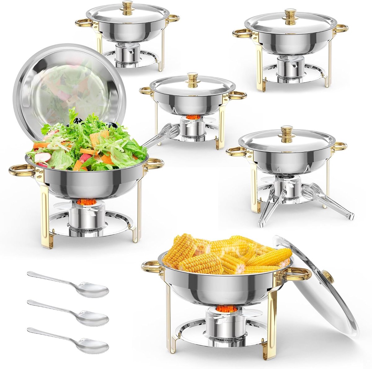Chafing Dish Set van 6 - 5 Liter Ronde RVS Buffet Warmhouders (Ø 32 cm) - 1.3 mm Extra Dik 201 Roestvrij Staal - Warmhoudschalen voor Catering, Bruiloft, Feest & Horeca