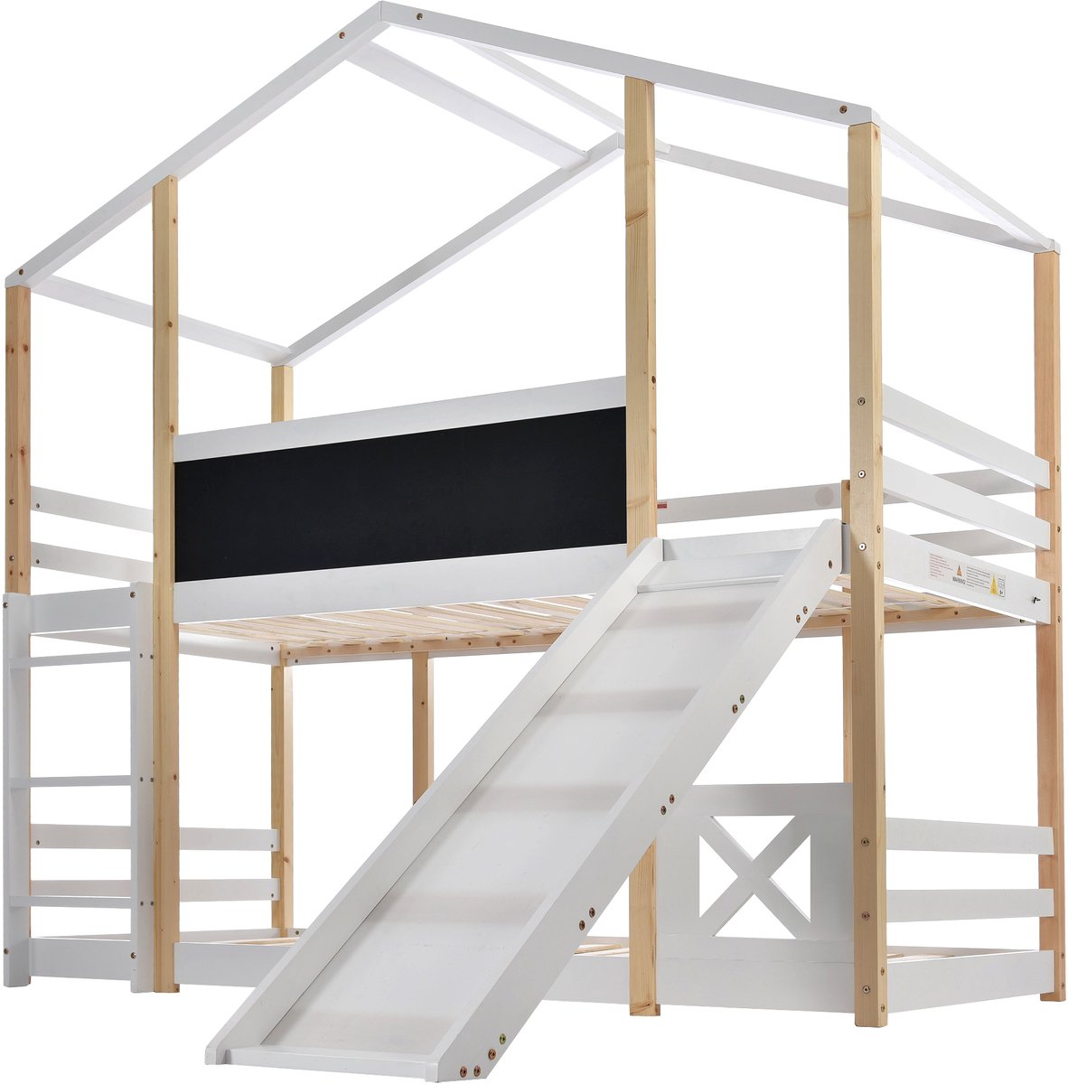 MUVANO Boomhutbed Met Glijbaan - Hoogslaper 90x200 cm - Kinderbed Met Krijtbord - Houten Speelbed - 96x207x205 cm - Slapen En Spelen - Voor Kinderkamer Natuur Wit