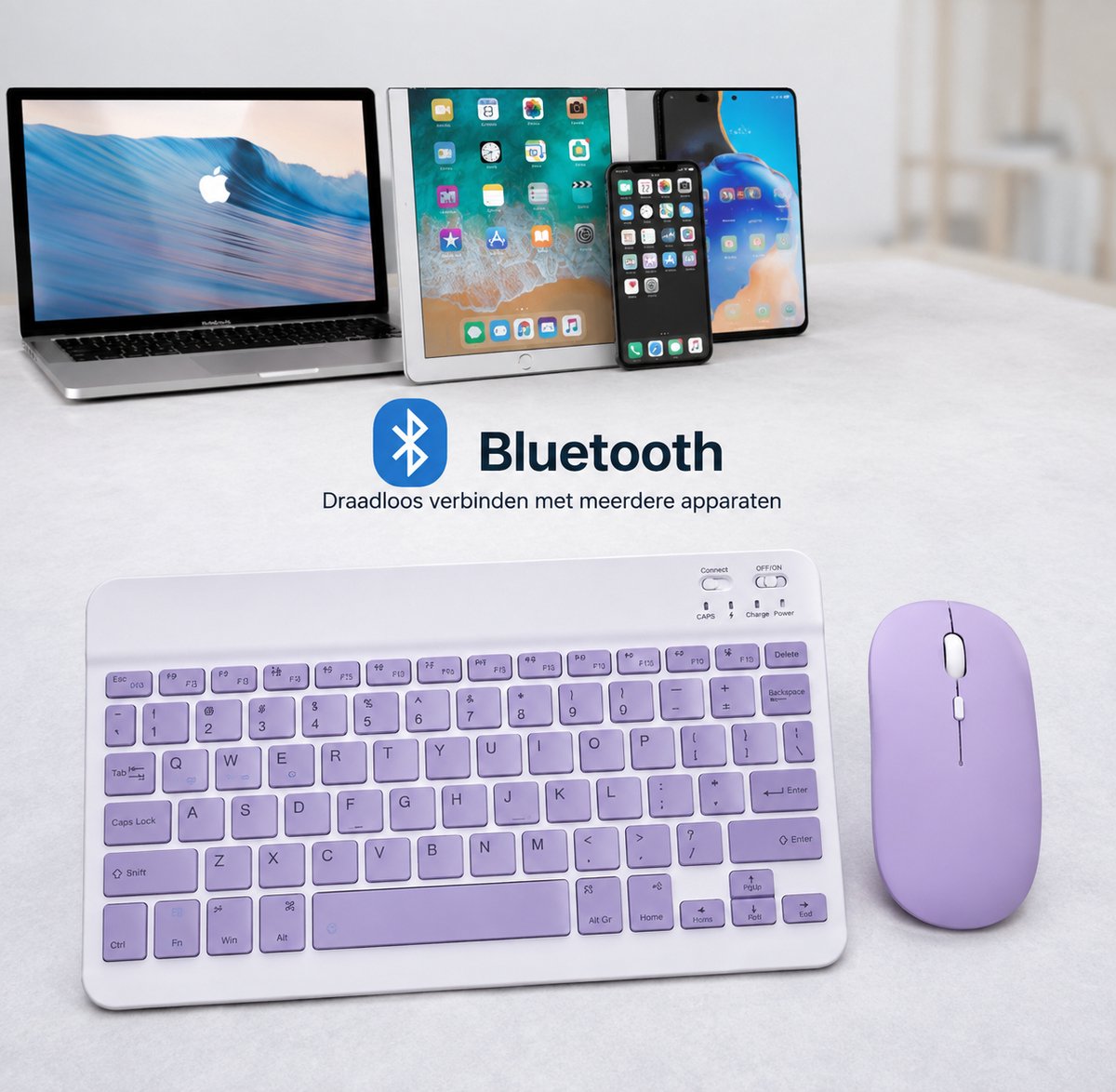 Bluetooth Toetsenbord en Muis Set – Voor iPad, Android en Windows – Oplaadbaar USB-C – Draadloos – Paars