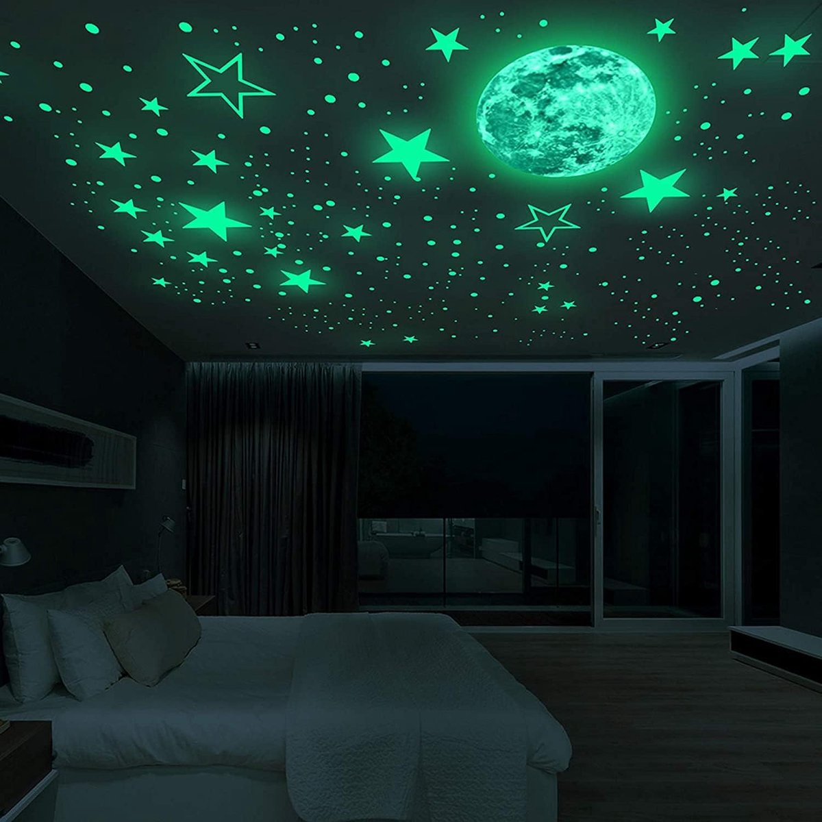 KZQ Glow in the Dark Sterren - 435 Stuks - Met 20 cm Maan - Muurstickers - Lichtgevend - Voor Kinderkamer Slaapkamer - Groen