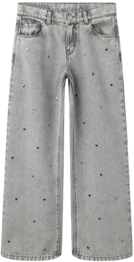 Lichtgrijze jeans met wijde pijpen en verspreide metalen hartvormige studs.