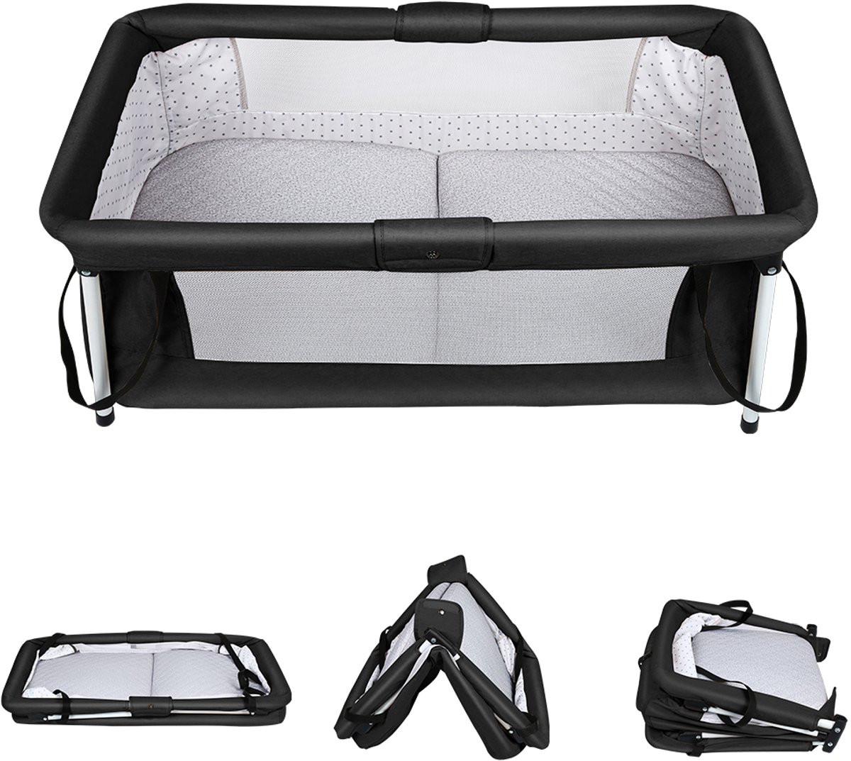 PIPIPOXER Co Sleeper Opvouwbaar- Peuterbed -Oxford - Opvouwbaar - Baby Bed - Baby Wieg Inclusief Matras & Mosquitonet – Verstelbare Hoogte – Afneembare Bekleding - Campingbedje - zwart