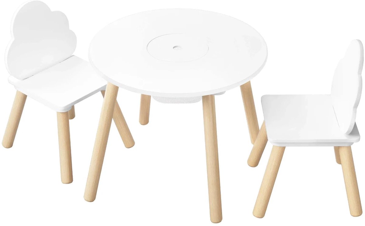 Klarven® Kindertafel met Stoelen Rond - Kindertafeltje Hout - Montessori Kindertafel - Kindertafel - Afgeronde hoeken, wolk-rugleuning - B52xh43,5xd52cm