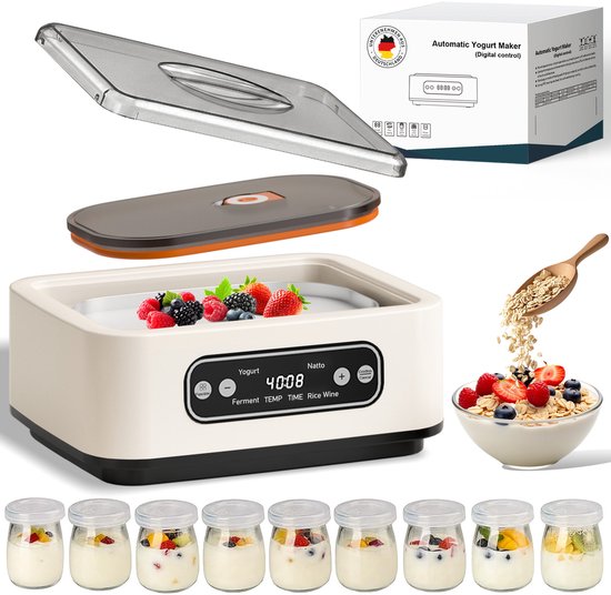 FOSMET Yoghurtmaker - Automatische Yoghurtmachine - Yoghurtautomaat 1.36 liter met 9 potten - Met Timer en Instelbare Temperatuur - OLED Display - Voor zelfgemaakte yoghurt, natto,rijstwijn of andere gefermenteerde producten - Wit — afbeelding 2