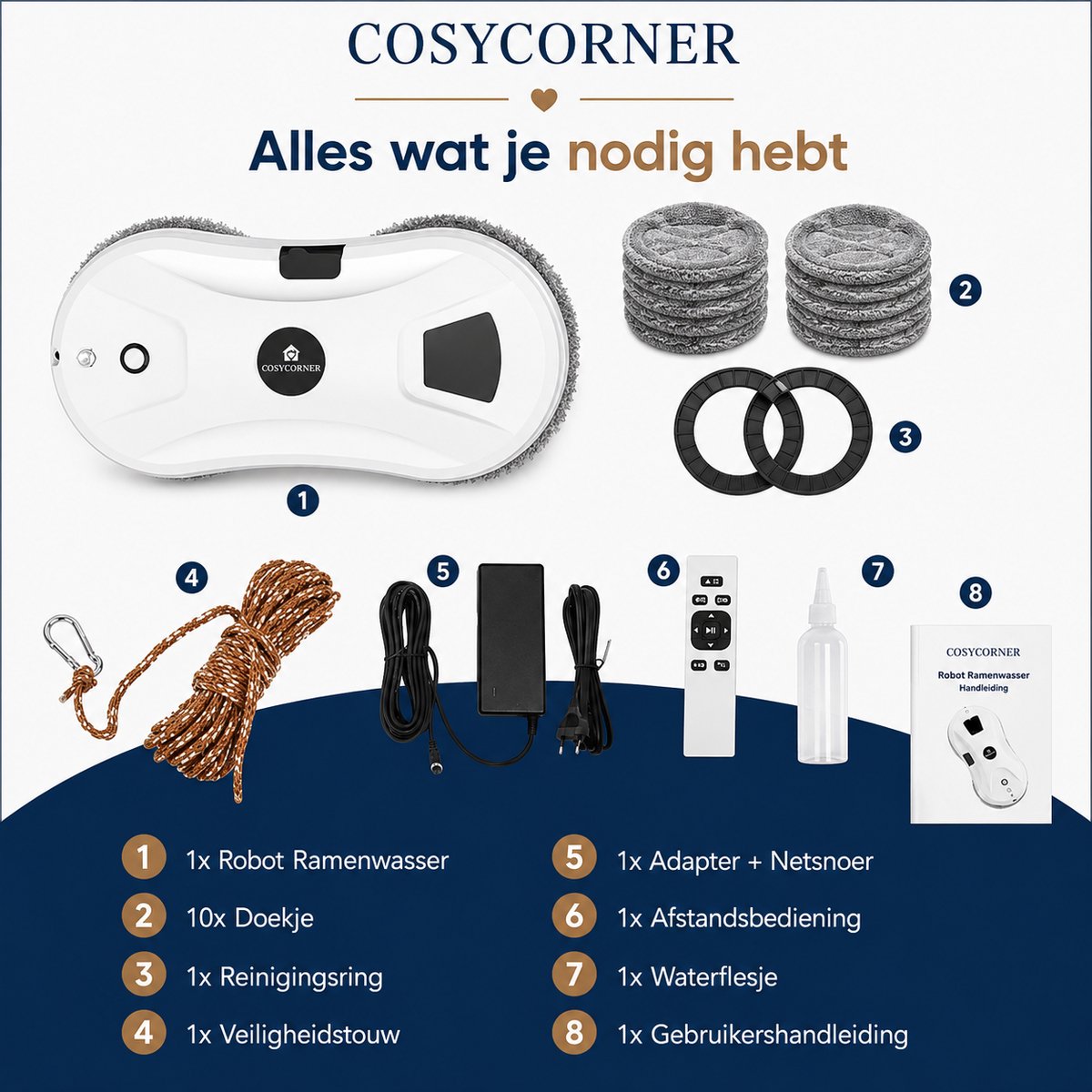 cosycorner Robot Ruitenreiniger - Ramenwasser - Robot - Dweilrobot - Anti-val touw - Slimme waterspray - Krachtige zuigkracht - Met afstandsbediening - Incl. 10 microvezeldoeken thumbnail 5
