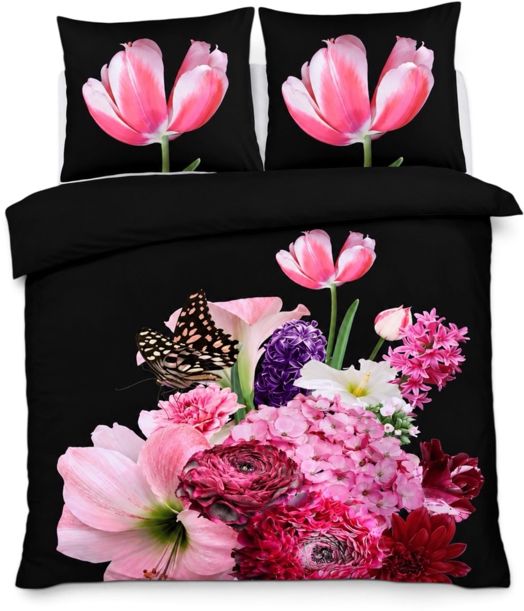 Husch Dekbedovertrek Spring Flower Black - 200x200/220 - Bloemen - Zwart/Multi