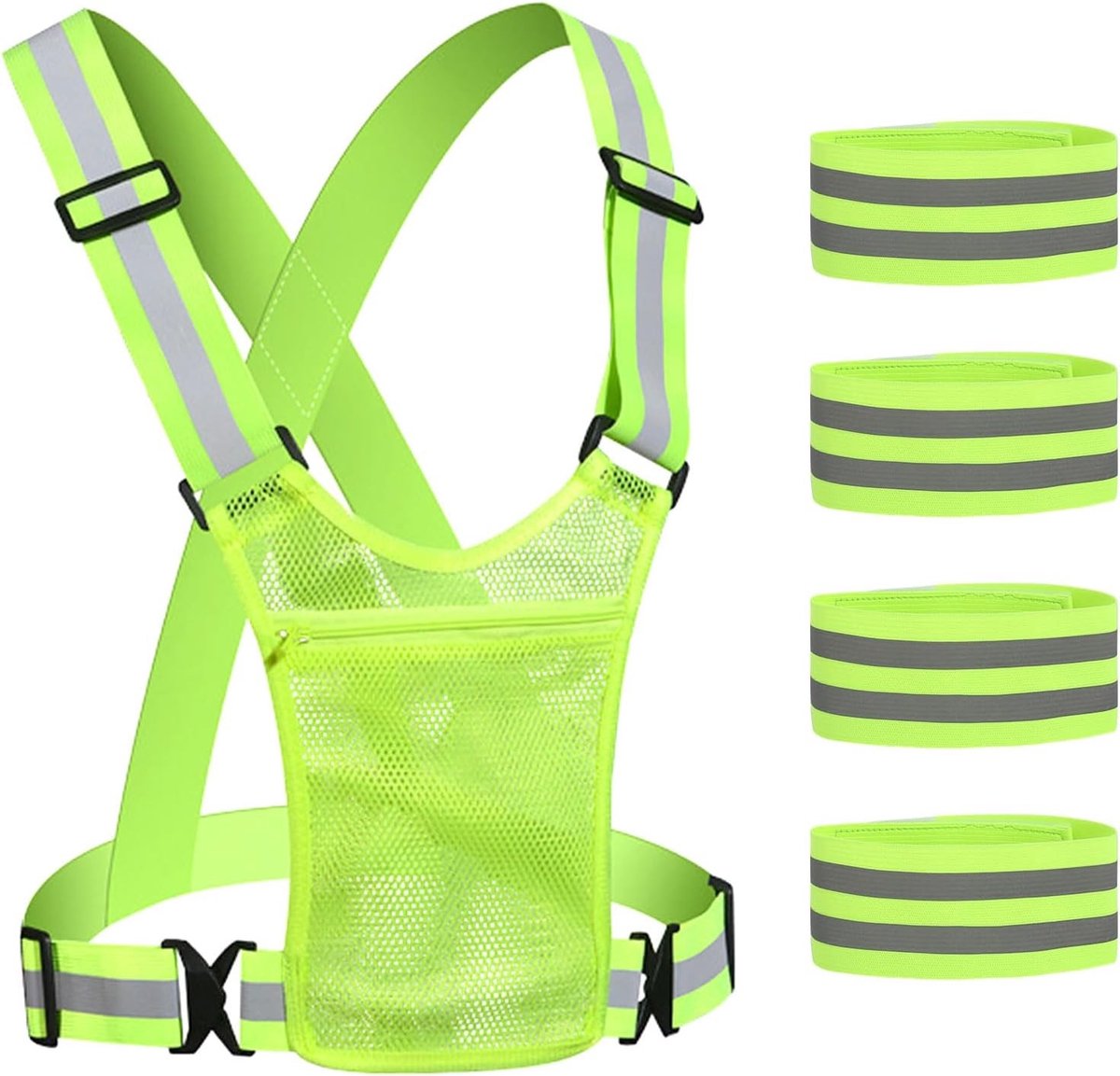 Reflecterend Veiligheidsvest met 4 Reflecterende Bandjes, Verstelbaar en Ideaal voor Fietsen, Hardlopen en Wandelen, Maat M, Groene Polyester Fiber