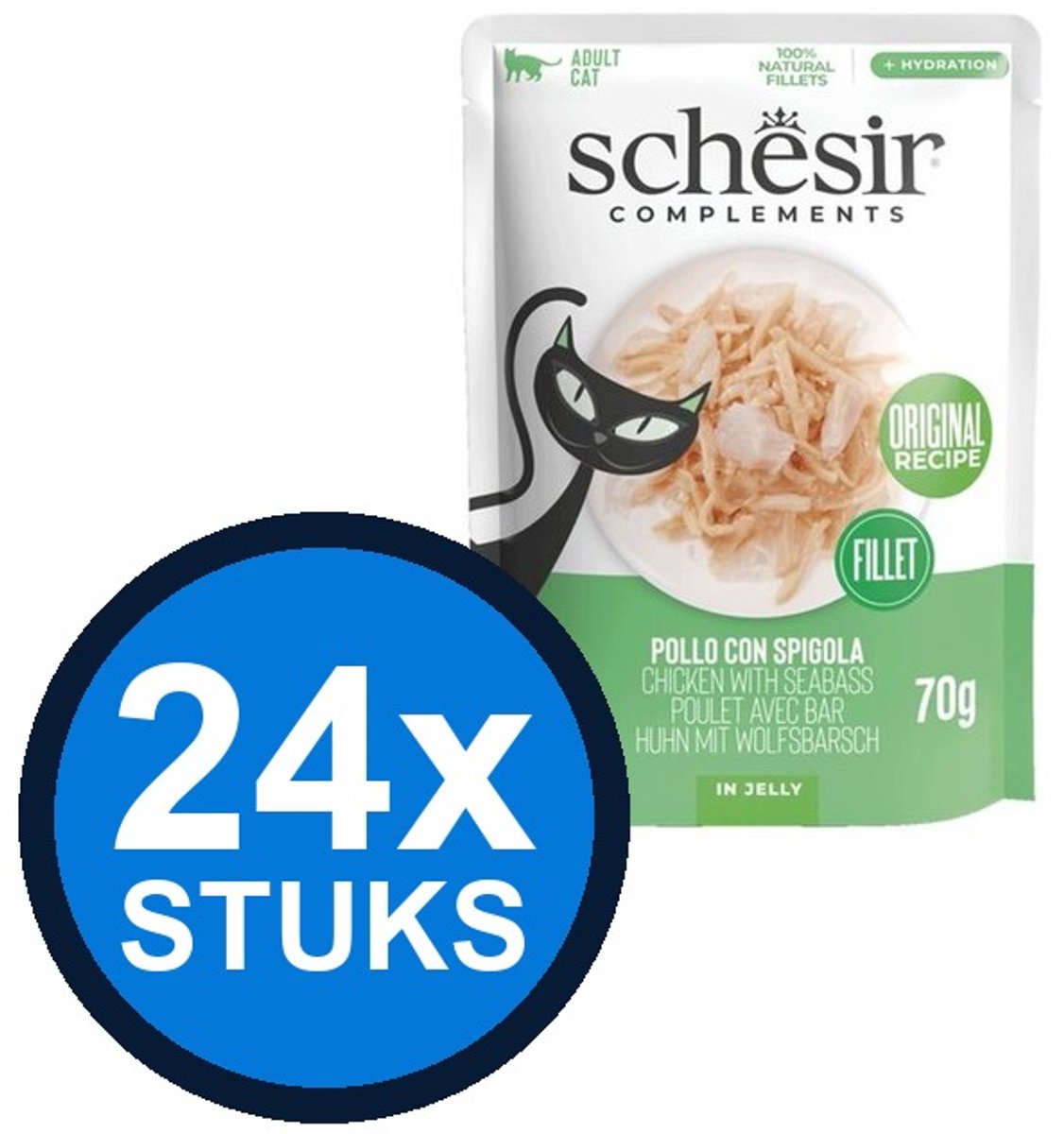 24x Schesir Complementary kat pouch gelei kip&zeebaars 70gr