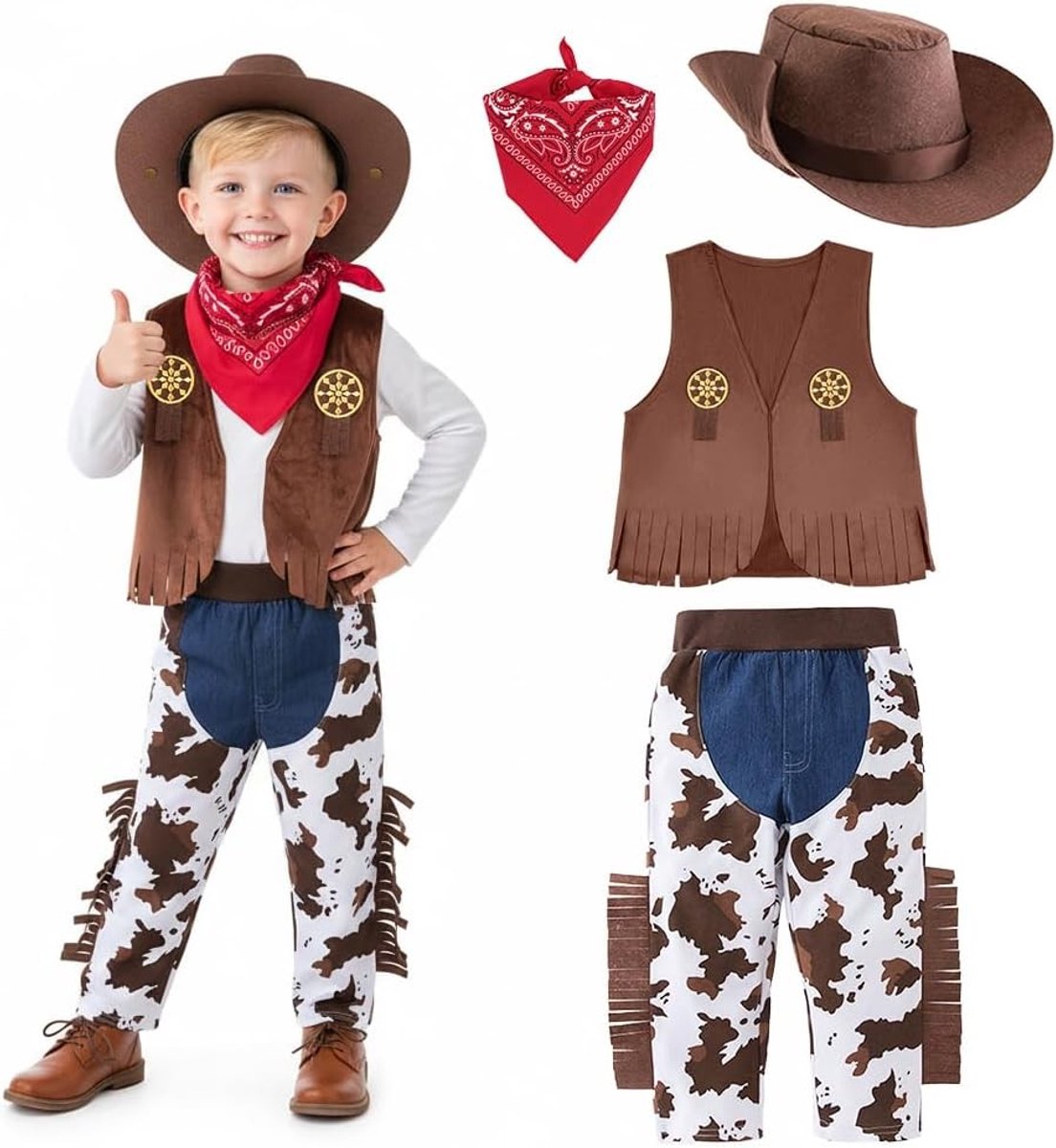 Cowboy Kostuum voor Kinderen met Rode Bandana en Hoed, Perfect voor Verkleedpartijen en Feestdagen, Inclusief Accessoires en Comfortabele Pasvorm