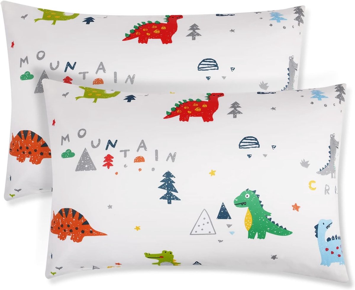 Zachte en ademende katoenen kussenslopen voor peuters, 2-pack, 40 x 60 cm, ideaal voor reizen en beddengoed, kleurrijke dinosaurussen voor jongens en meisjes