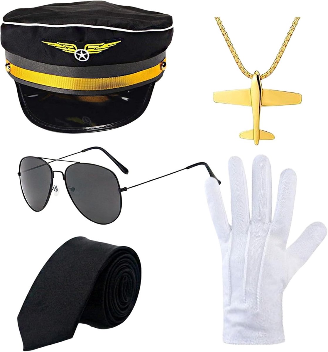 Professionele 5-delige Pilotenuniform Kostuumset met Hoed, Bril, Handschoenen en Sieraad voor Rolspel, Themafeesten en Carnaval