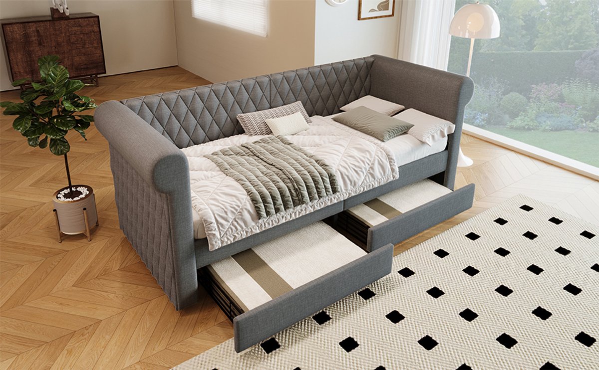 WUVRIE Bedbank 90x200 cm met 2 lades, rugleuning en linnen bekleding, grijs