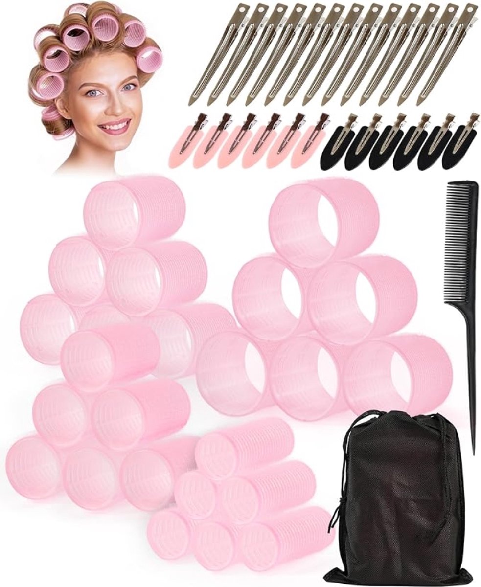50-delige Haarrollerset met Clips, Puntkam en Opbergzak - Groot, 4 Maten - Roze