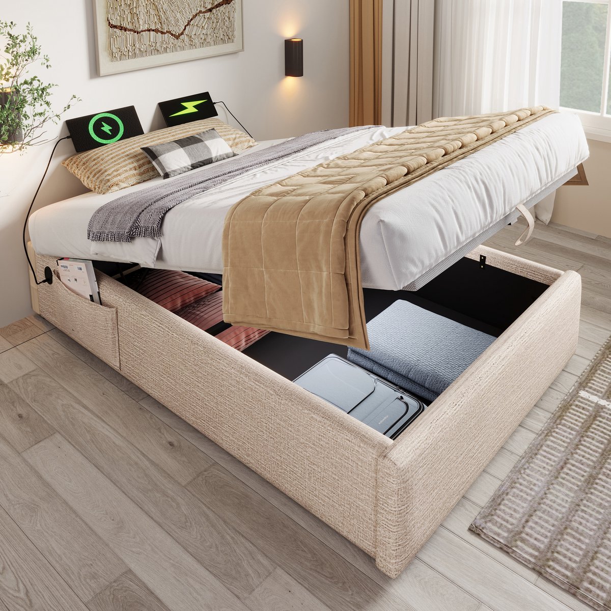 WUVRIE Opbergbed 90x200 cm met USB en type-C, leinen, beige/naturel