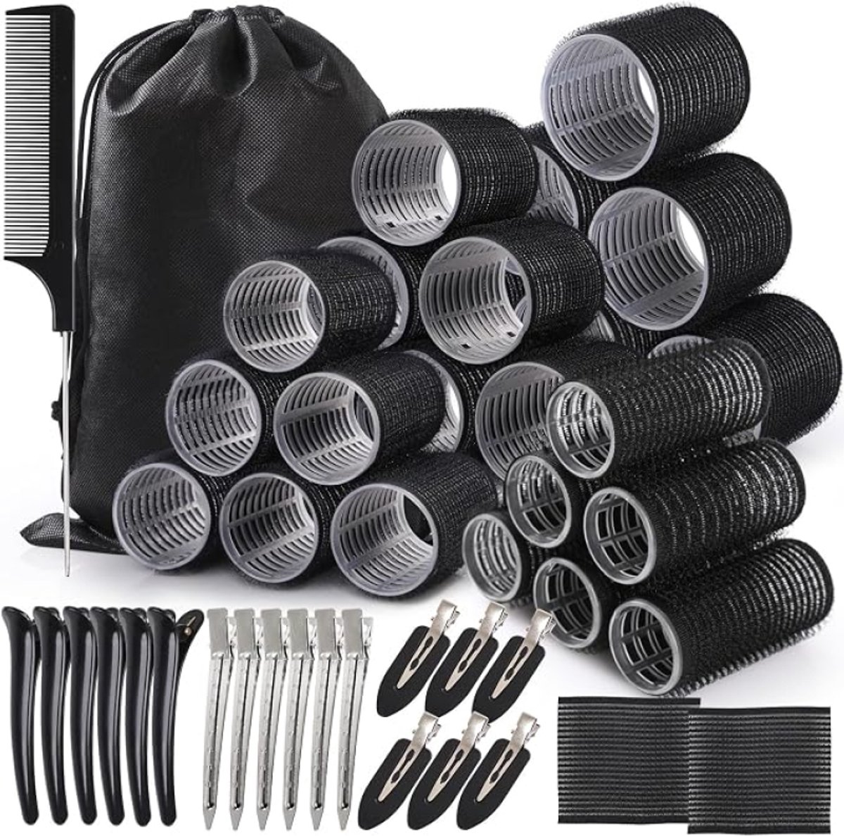Set van 45 zelfklevende krulspelden, 4 maten (55/45/36/25 mm), met kam, clips en opbergtas