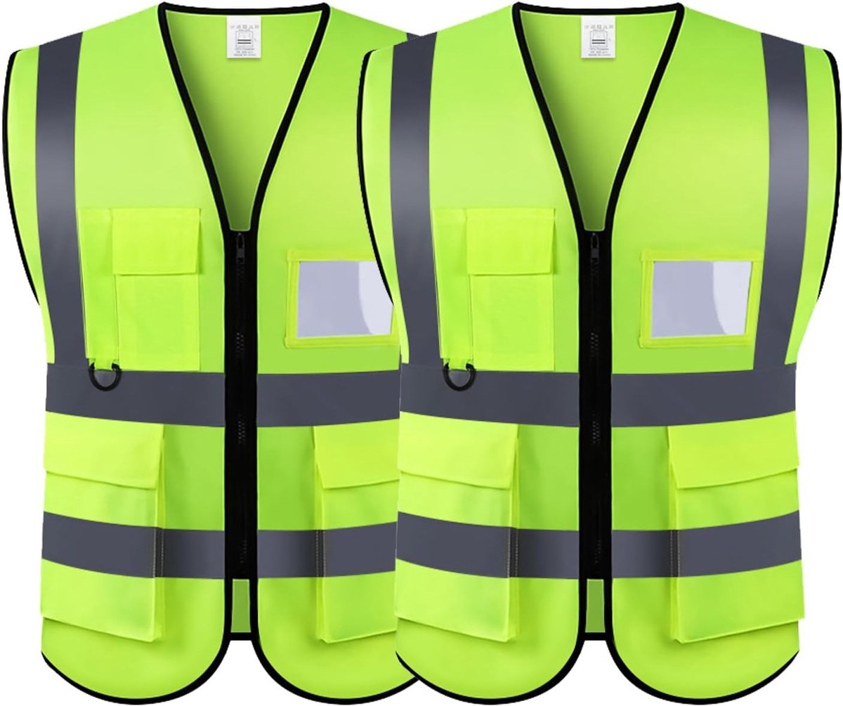 Reflecterende Veiligheidsvesten Set van 2, Hoge Zichtbaarheid, Werkjack met Zipper en 2 Bands voor Mobiele Telefoon en ID Kaarten, Fluorescent Groen