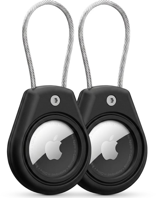 Deux porte-clés Airtag noirs avec cordon métallique, conçus par Apple.
