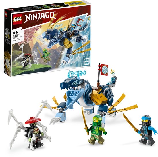 Set LEGO NINJAGO 71800 Le Dragon d'Eau EVO de Nya avec un dragon bleu et doré, 3 figurines et des armes.