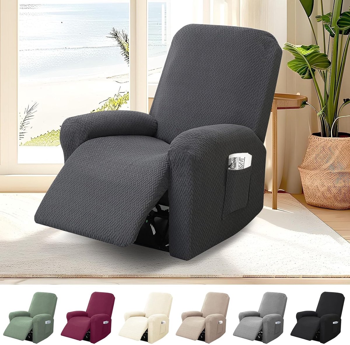 Verstelbare Stoelhoes voor Relaxstoelen - Stretchbare en Wasbare Bescherming met Opbergvakken - Donkergrijs en All-Inclusive Design