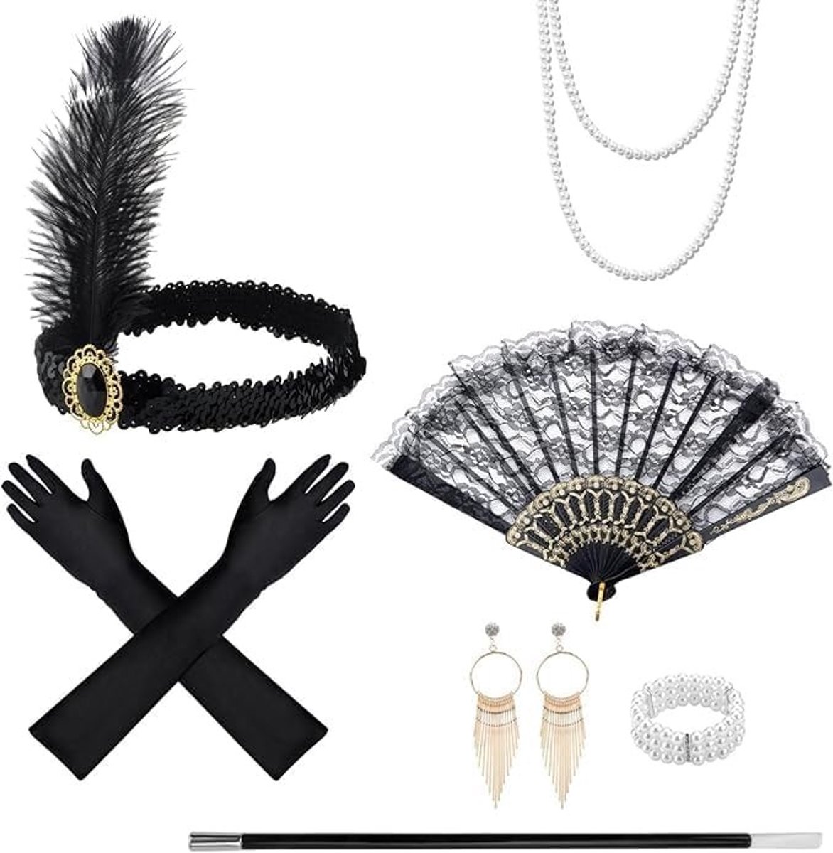 Complete set van 9 accessoires uit de jaren 1920 voor vrouwen, inclusief hoofdtooi, handschoenen, ketting, kant en waaier voor een Great Gatsby themafeest