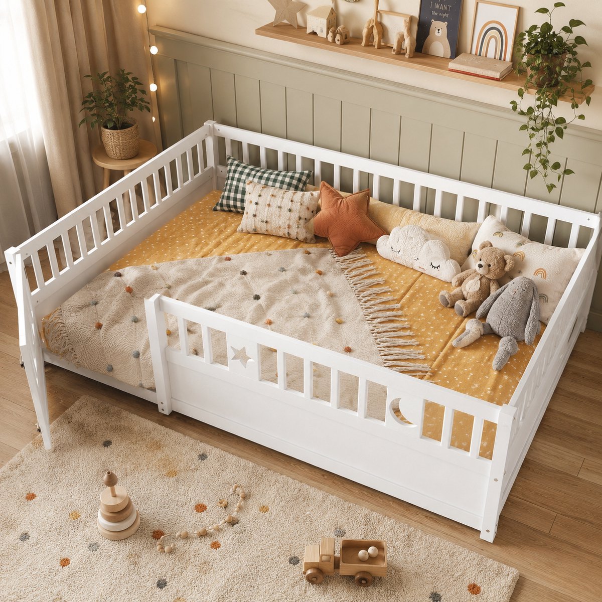 Welltin Kinderbed 140x190 cm - Tweepersoonsbed - Vloerbed - Grondbed - Dennenhout - Met veiligheidsleuning - Snel Gemonteerd - Wit
