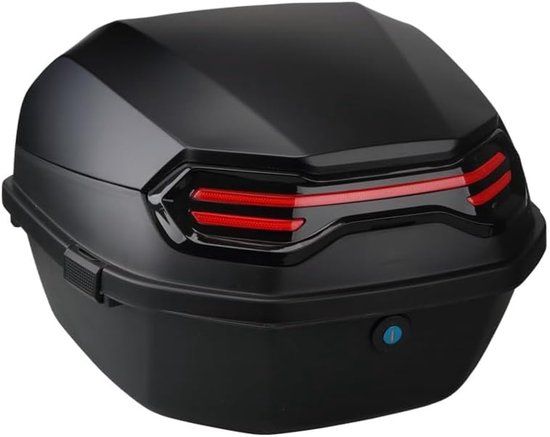 Zwarte topkoffer met rode led-achterlichten en geïntegreerd slot.